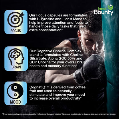 Inner Bounty Focus 14-in-1 Nootropic Brain Supplement with Lions Mane, Alpha GPC Choline, Vitamin C & B12, Taurine, Bacopa - Energy, Cognitive, Memory Support, 60 Filler Free Capsules - Maple Wellness Supplements