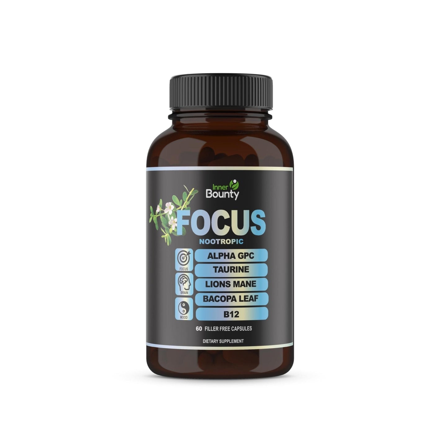 Inner Bounty Focus 14-in-1 Nootropic Brain Supplement with Lions Mane, Alpha GPC Choline, Vitamin C & B12, Taurine, Bacopa - Energy, Cognitive, Memory Support, 60 Filler Free Capsules - Maple Wellness Supplements