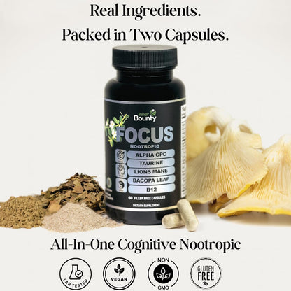 Inner Bounty Focus 14-in-1 Nootropic Brain Supplement with Lions Mane, Alpha GPC Choline, Vitamin C & B12, Taurine, Bacopa - Energy, Cognitive, Memory Support, 60 Filler Free Capsules - Maple Wellness Supplements