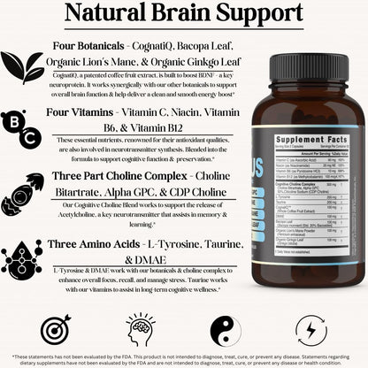 Inner Bounty Focus 14-in-1 Nootropic Brain Supplement with Lions Mane, Alpha GPC Choline, Vitamin C & B12, Taurine, Bacopa - Energy, Cognitive, Memory Support, 60 Filler Free Capsules - Maple Wellness Supplements