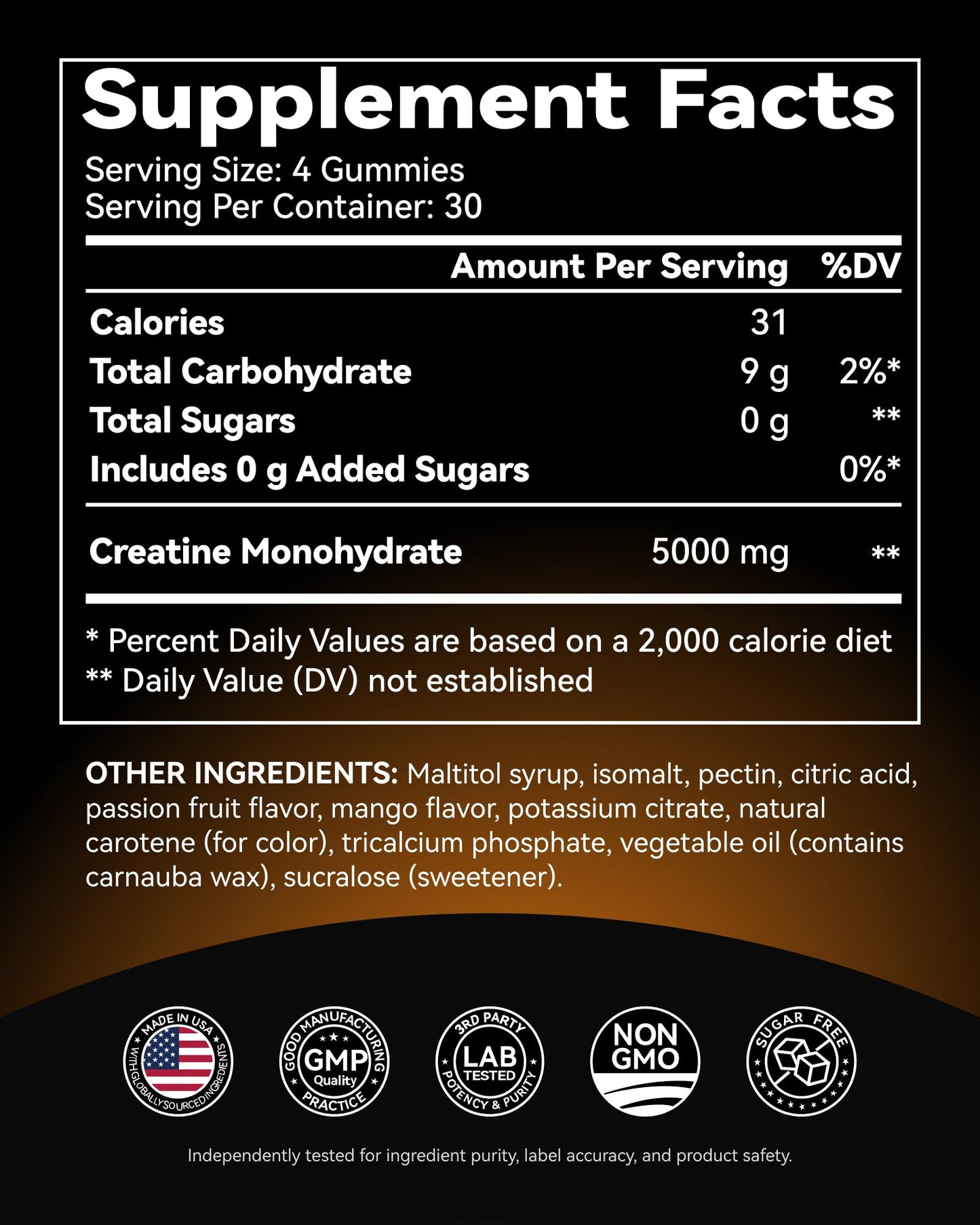 Inner Brightness Creatine Monohydrate Gummies for Men & Women 5000 mg, 3rd Party Tested, Creatine Chews for Muscle Growth, Strength & Energy Support, Sugar Free, Vegan, 120 Count, Mango Passionfruit - Maple Wellness Supplements