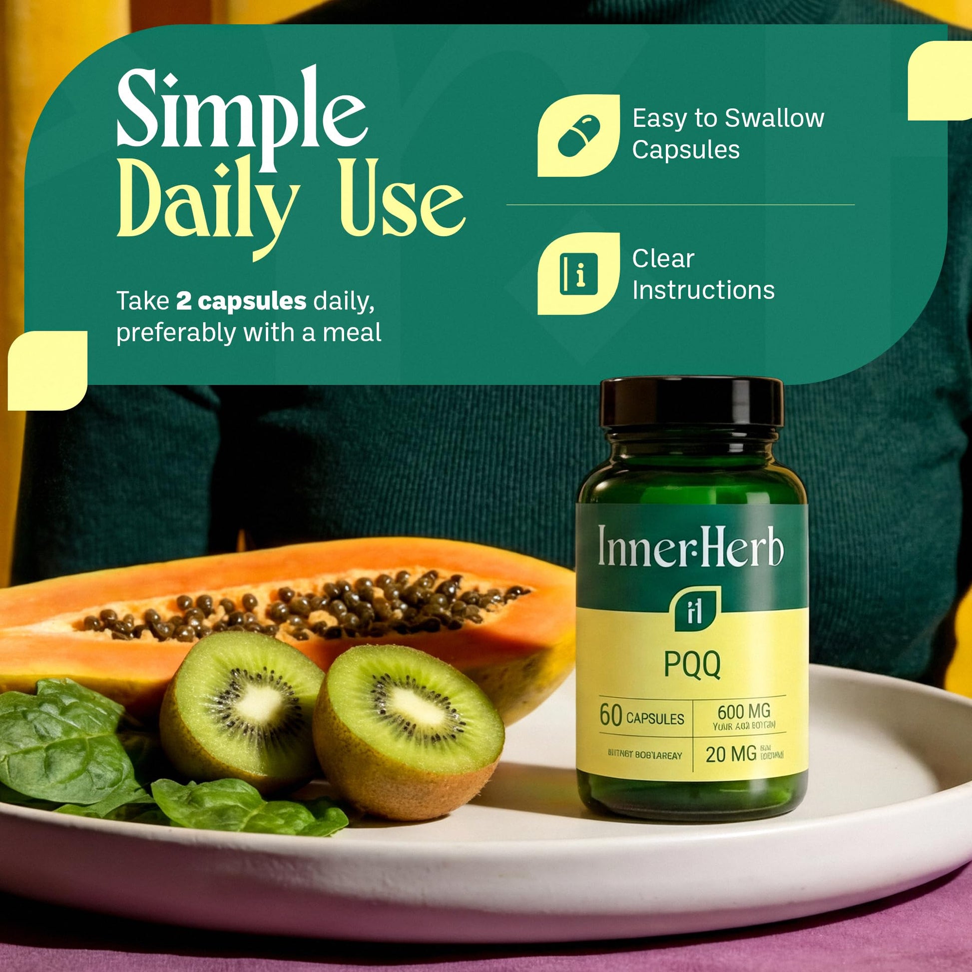 InnerHerb Pyrroloquinoline Quinone PQQ Daily Capsule - Supplement for Adults (60 Capsules, 30 Servings) (20mg Per Serving) - Maple Wellness Supplements