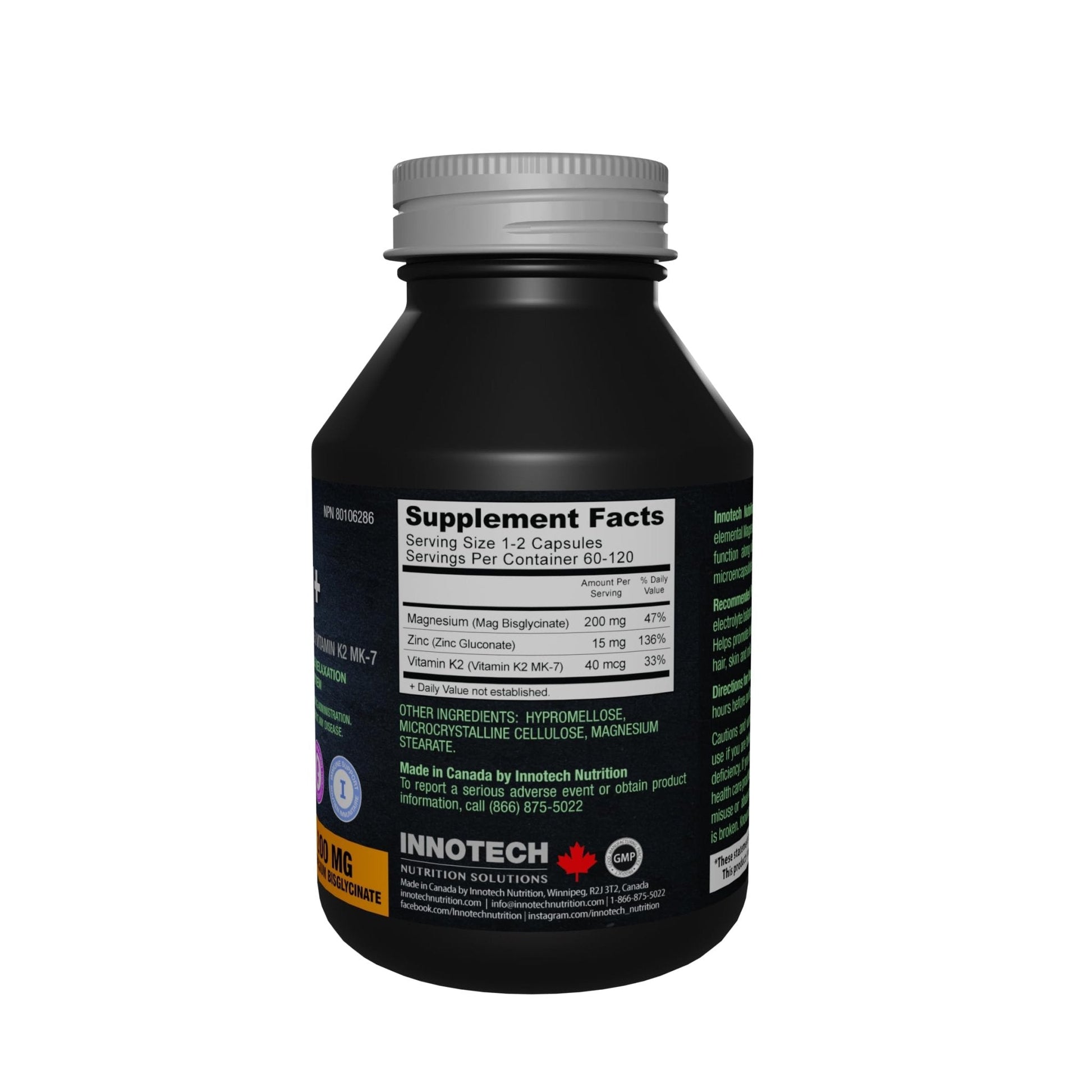 Innotech Nutrition Magnesium Plus Muscle Bone & Sleep Support Magnesium Bisglycinate Zinc & Vitamin K2 120 Vegan Capsules - Maple Wellness Supplements