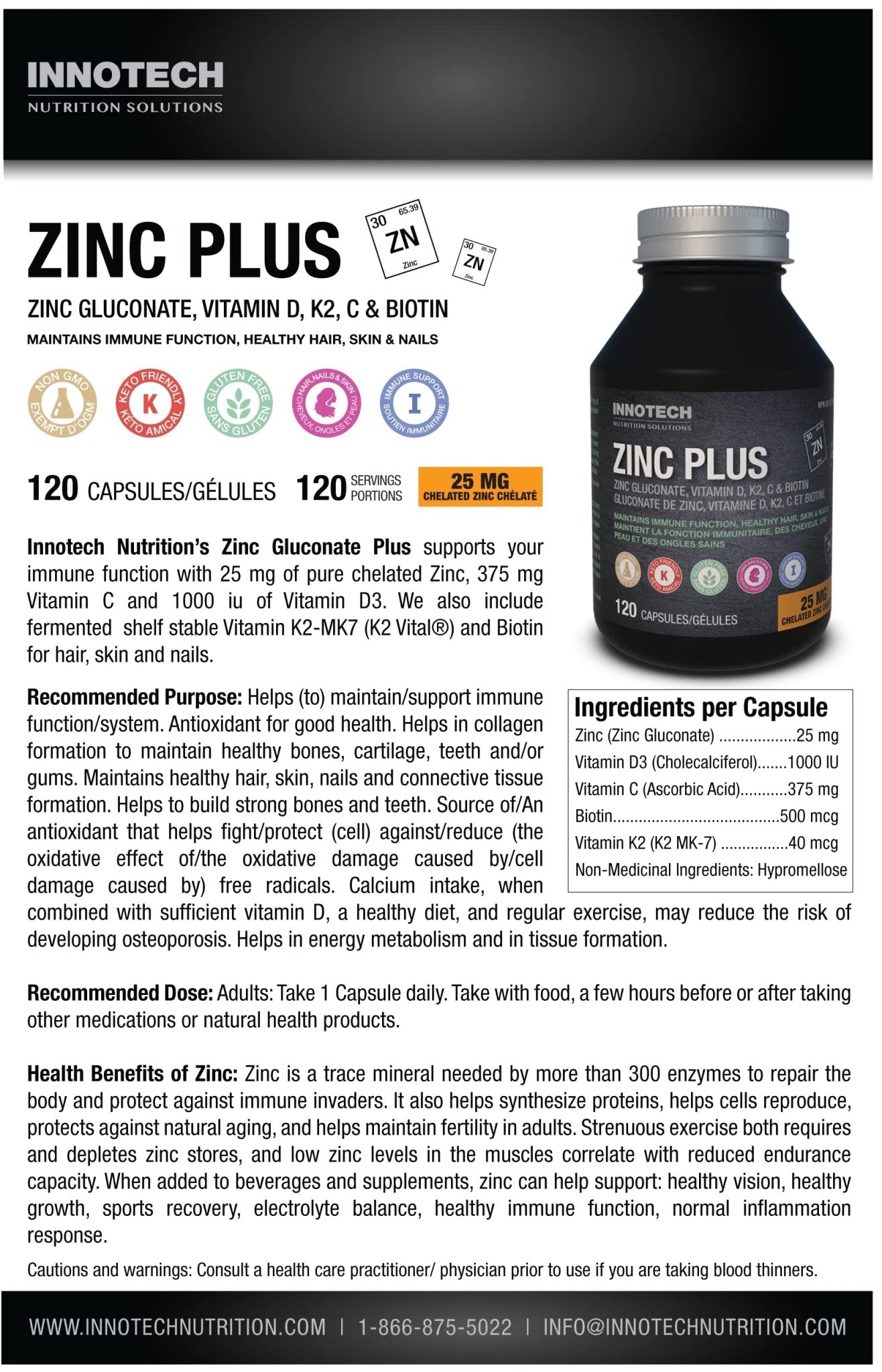Innotech Nutrition Zinc Plus Immune Hair Skin & Nails Support Chelated Zinc Vitamin D3 & Biotin 120 Vegan Capsules - Maple Wellness Supplements