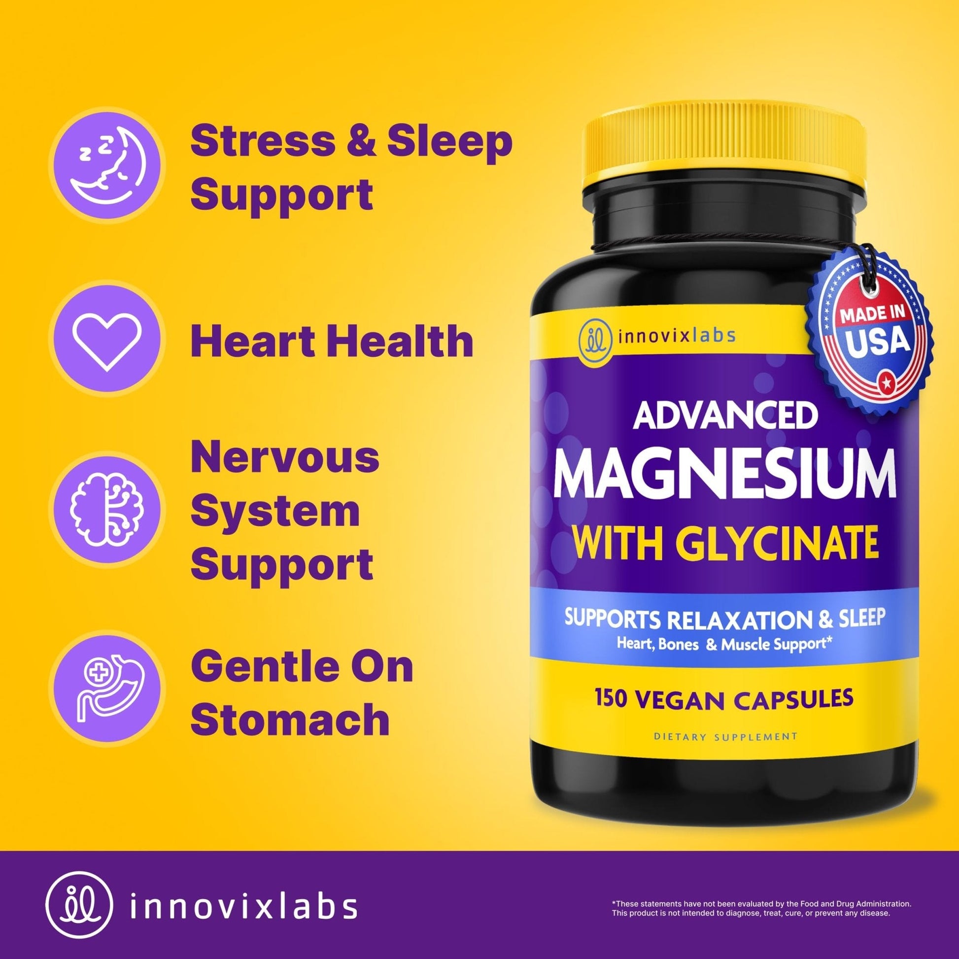 InnovixLabs Advanced Magnesium Capsules - 150 Ct, 210 mg - Chelated Glycinate and Malate - High Absorption, Promotes Relaxation, Bones, Muscle Health - Maple Wellness Supplements