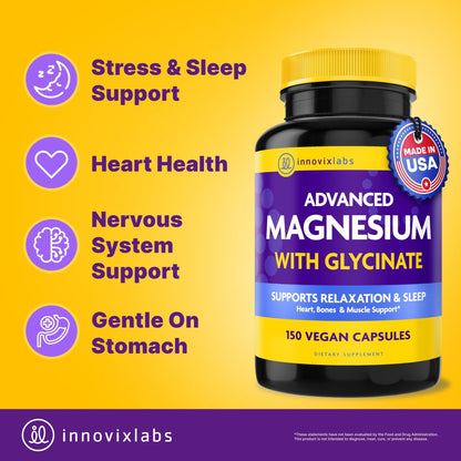 InnovixLabs Advanced Magnesium Capsules - 150 Ct, 210 mg - Chelated Glycinate and Malate - High Absorption, Promotes Relaxation, Bones, Muscle Health - Maple Wellness Supplements
