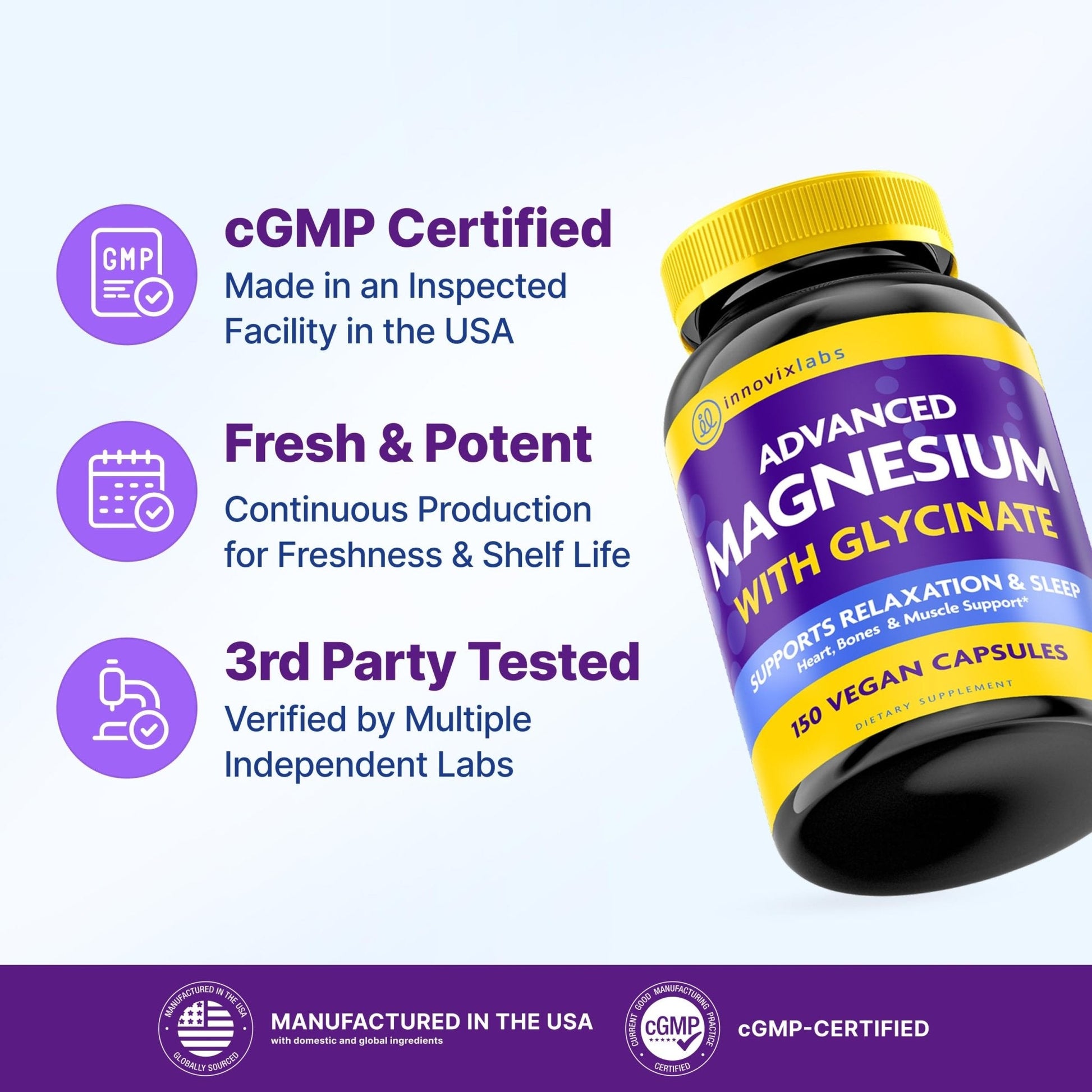 InnovixLabs Advanced Magnesium Capsules - 150 Ct, 210 mg - Chelated Glycinate and Malate - High Absorption, Promotes Relaxation, Bones, Muscle Health, Vegan Malate Sleep Supplement - Maple Wellness Supplements