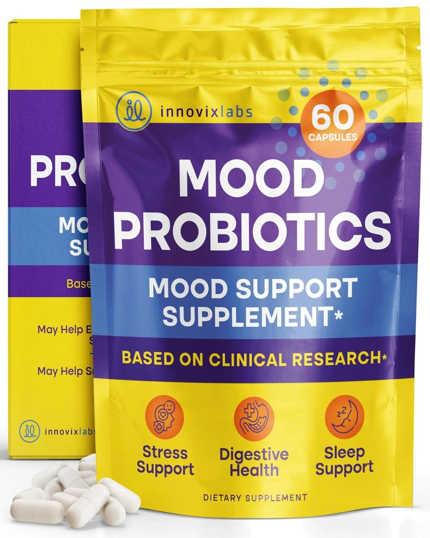 InnovixLabs Mood Probiotic for Women & Men, Clinically Studied Digestive & Mood Support Supplement, Lactobacillus helveticus Rosell-52ND & Bifidobacterium longum Rosell-175, 60 Capsules - Maple Wellness Supplements