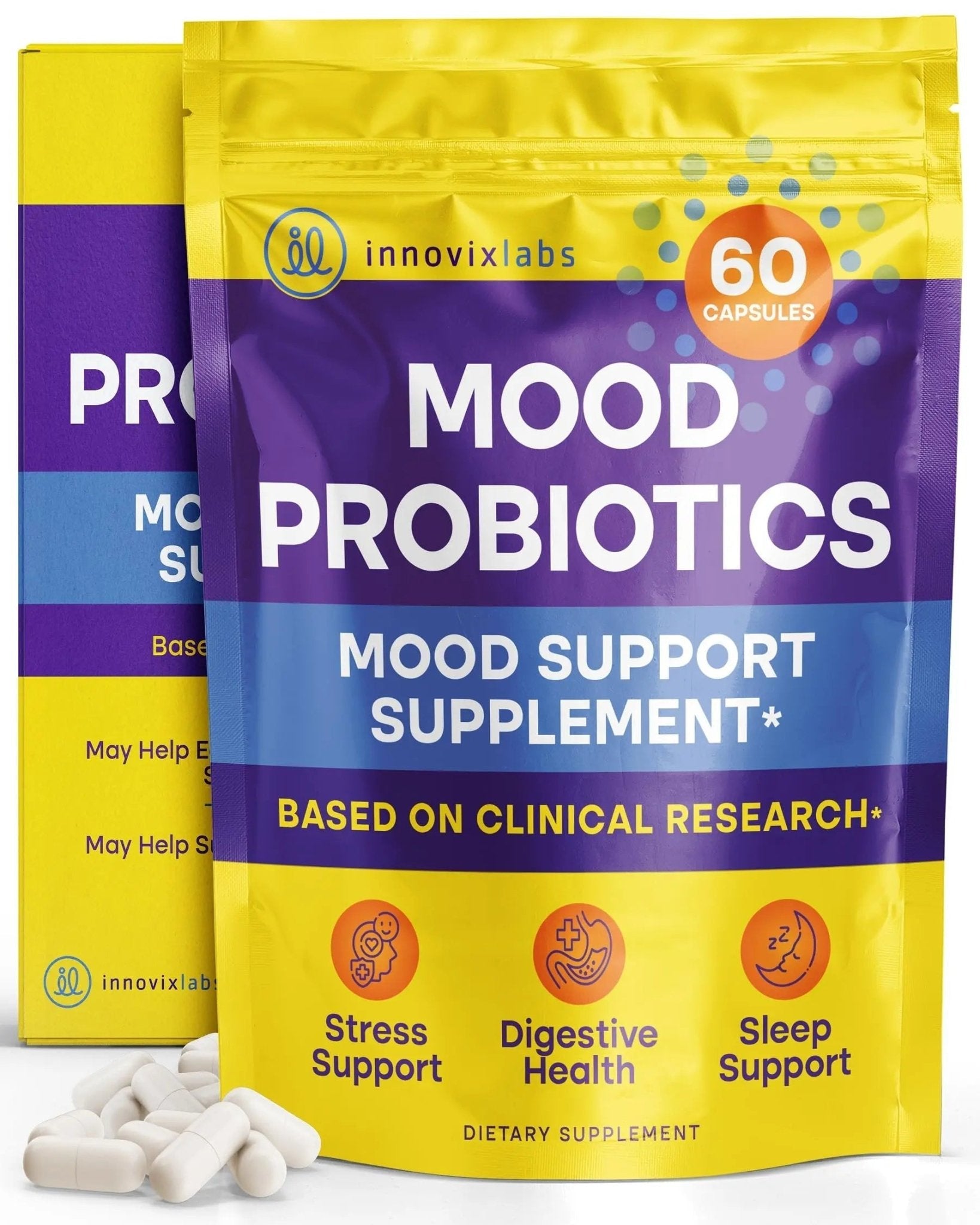 InnovixLabs Mood Probiotic for Women & Men, Clinically Studied Digestive & Mood Support Supplement, Lactobacillus helveticus Rosell-52ND & Bifidobacterium longum Rosell-175, 60 Capsules - Maple Wellness Supplements