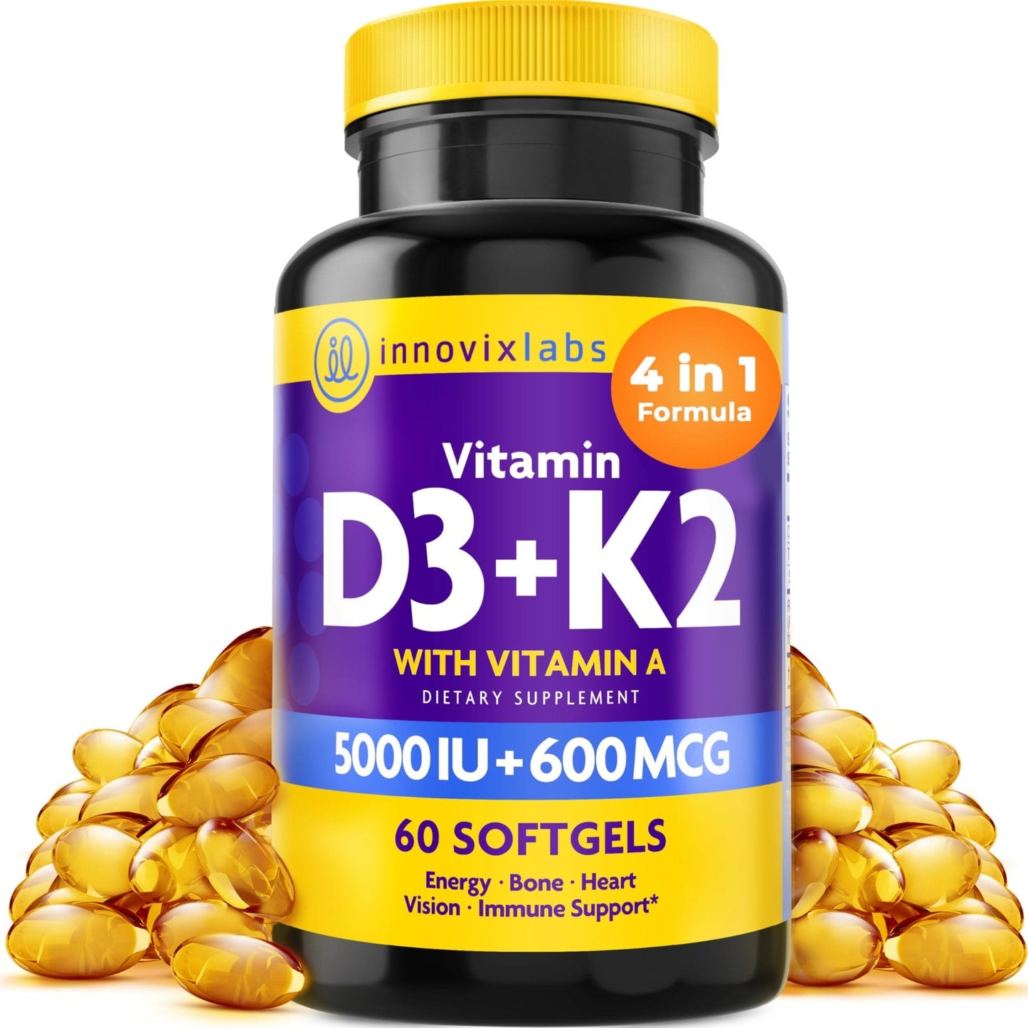 InnovixLabs Vitamin D3 K2-5000 IU Vitamin D3 Plus 600 mcg Vitamin K2 MK4 and MK7 for Max Calcium Absorption, Supports Bone, Immune, Heart Health - Maple Wellness Supplements