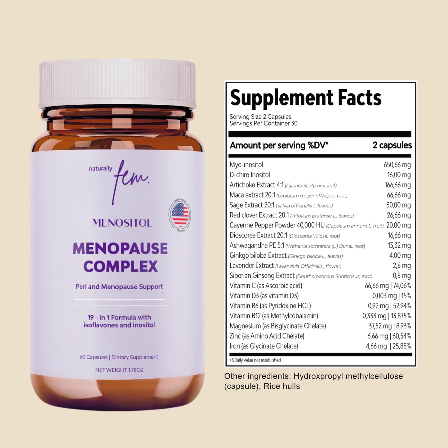 Inositol FEM Menositol 19-in-1 60Caps, Perimenopause & Menopause Supplements for Women Weight Loss with Myo-Inositol, D-chiro and Isoflavones, Control Metabolic Health, 100% Natural, Hormone, SoyFree - Maple Wellness Supplements