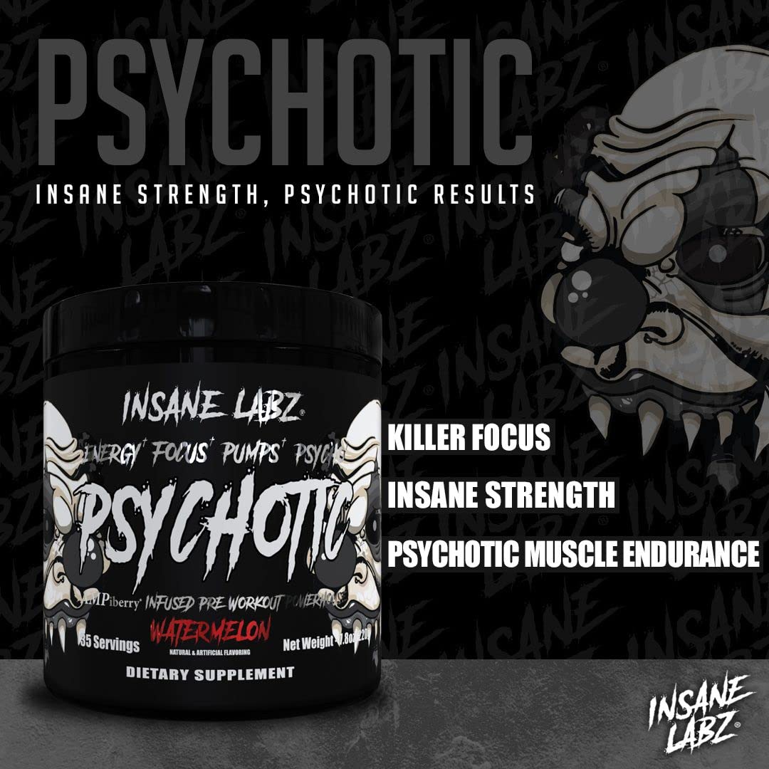 Insane Labz Psychotic Black Edition Mid Stimulant Pre Workout Powder, Energy Focus Pumps, Loaded with Creatine Beta Alanine Taurine Fueled by AMPiberry, 35 Servings (Blue Raspberry) - Maple Wellness Supplements