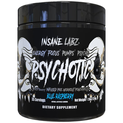 Insane Labz Psychotic Black Edition Mid Stimulant Pre Workout Powder, Energy Focus Pumps, Loaded with Creatine Beta Alanine Taurine Fueled by AMPiberry, 35 Servings (Blue Raspberry) - Maple Wellness Supplements