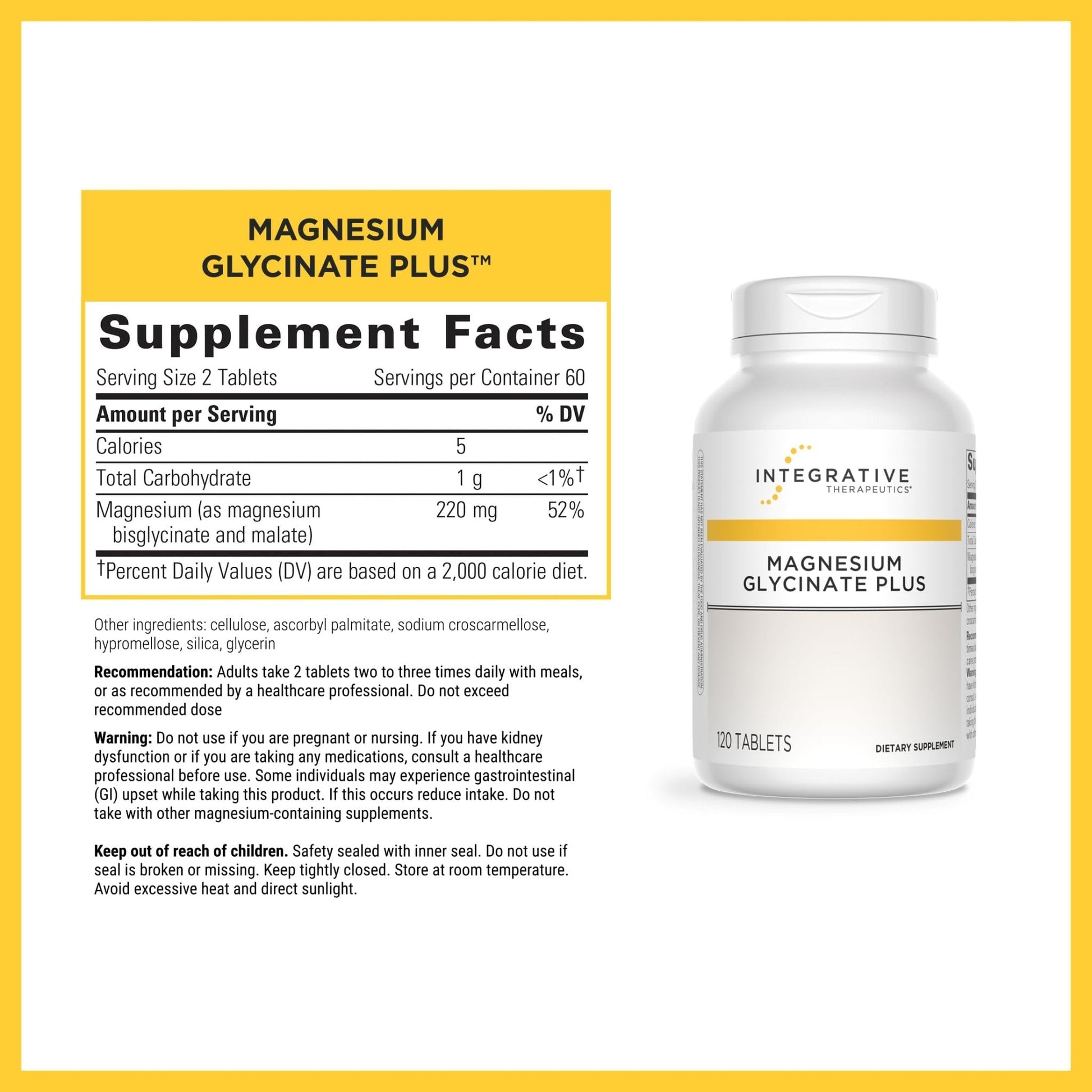 Integrative Therapeutics Magnesium Glycinate Plus - Brain Function Support Supplement for Adults* - Supports Heart and Muscular Function* - Dairy-Free & Gluten-Free - 120 Count (60 Servings) - Maple Wellness Supplements