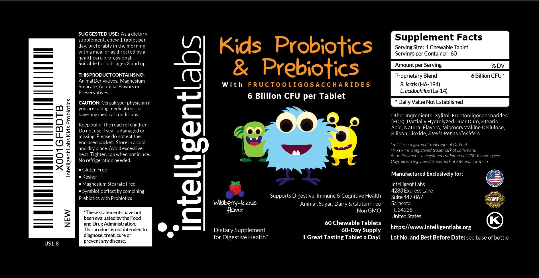 Intelligent Labs Kids/Children Probiotics 6 Billion CFU with Prebiotics, PHGG & FOS, Once-Daily Chewable, Great Taste, 10x Effectiveness - Maple Wellness Supplements