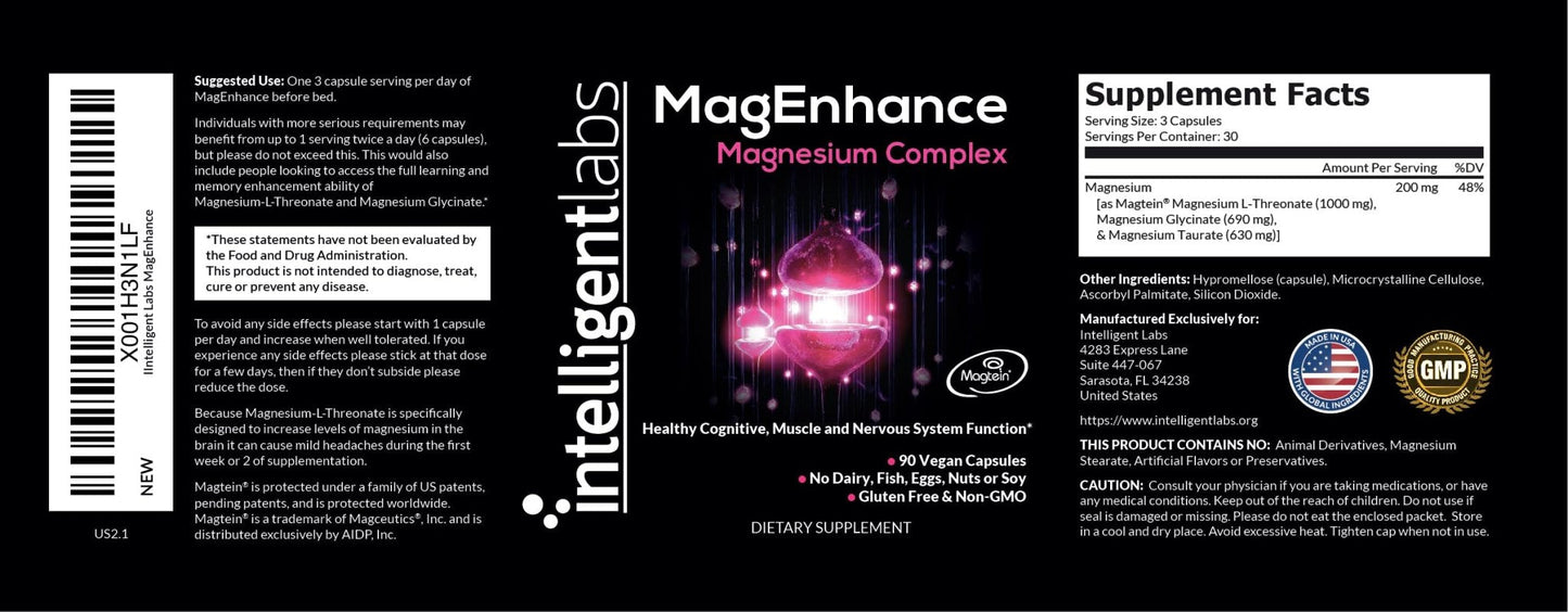 Intelligent Labs MagEnhance Magtein Magnesium Complex Supplement L-Threonate with Magnesium Glycinate and Taurate, 90 Capsules - Maple Wellness Supplements
