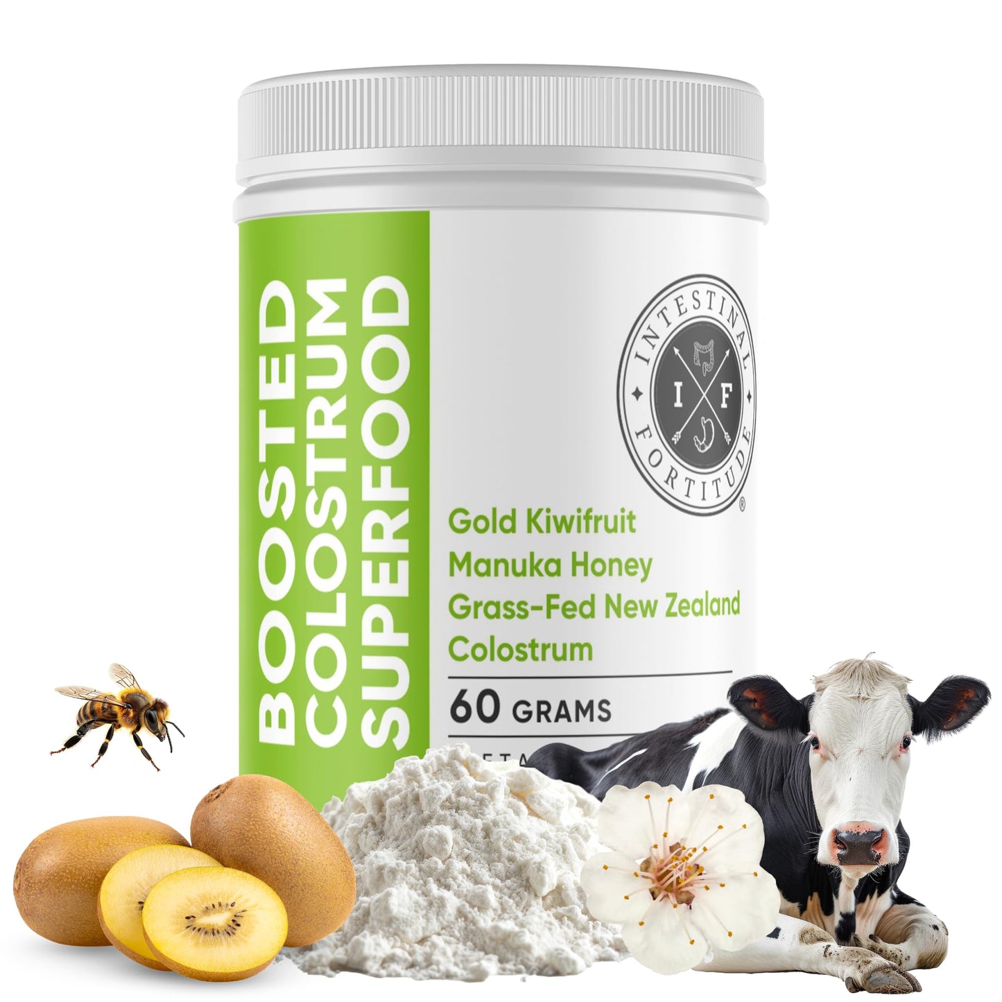 Intestinal Fortitude Boosted Colostrum Superfood Dietary Supplement: Grass-Fed New Zealand Bovine Colostrum, Gold Kiwifruit, Manuka Honey, for Digestion, Immune System, and Gut Health (60 Grams) - Maple Wellness Supplements