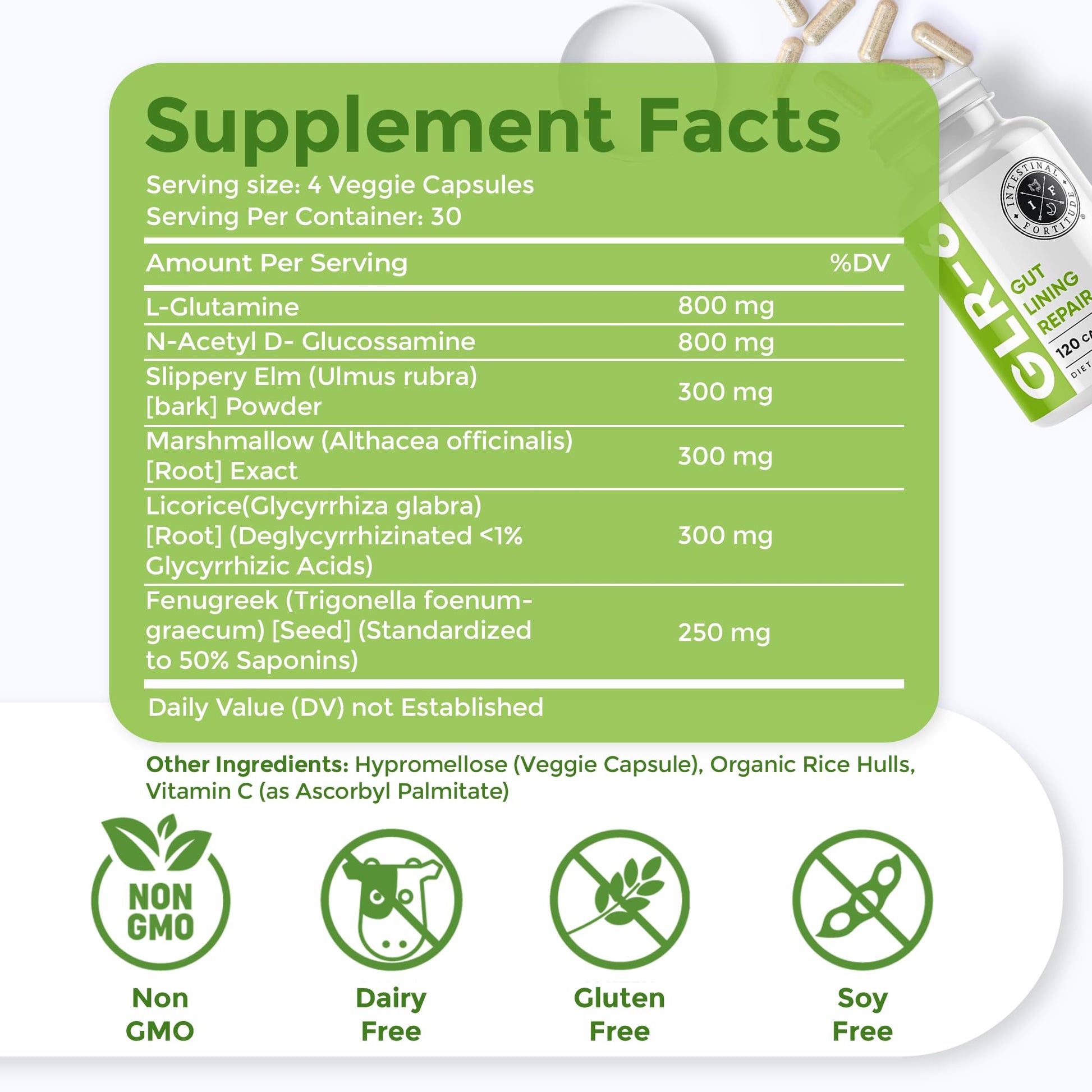 Intestinal Fortitude GLR-6 - Gut Lining Repair Supplement for Gut Health - Leaky Gut Repair with L-Glutamine, Slippery Elm, DGL Licorice Root, Marshmallow Root, Fenugreek - Maple Wellness Supplements