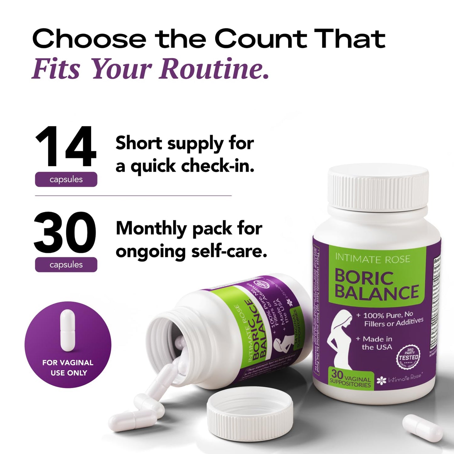 Intimate Rose Boric Acid Vaginal Suppositories, 14 Count for Feminine Deodorizing & Freshness - Vegan Capsules - Maple Wellness Supplements