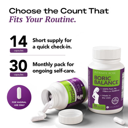 Intimate Rose Boric Acid Vaginal Suppositories, 14 Count for Feminine Deodorizing & Freshness - Vegan Capsules - Maple Wellness Supplements
