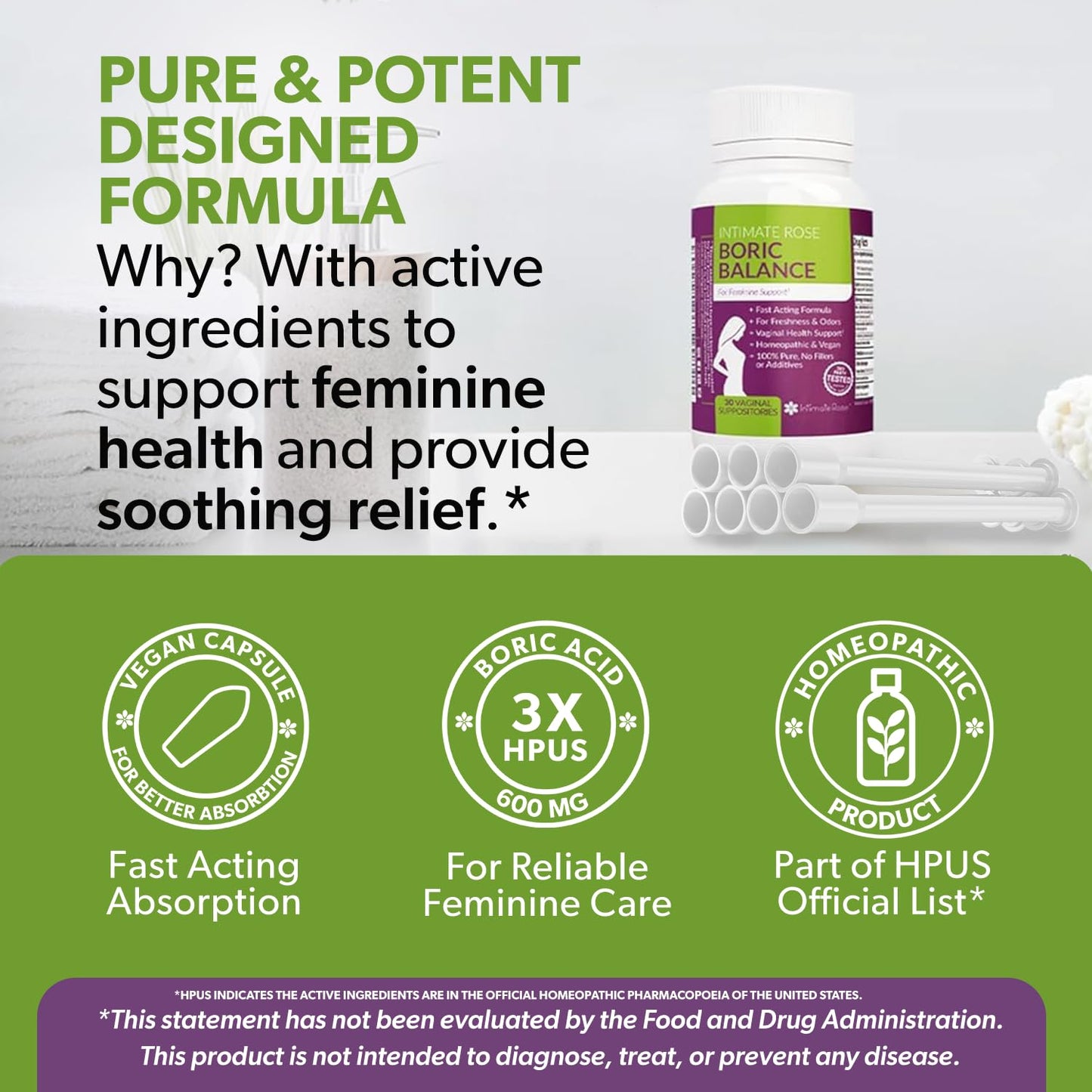 Intimate Rose Boric Acid Vaginal Suppositories - 30 Count (600mg) + 30 Applicators - Feminine Balance, Vaginal Odor, Promote Vaginal Health - Maple Wellness Supplements