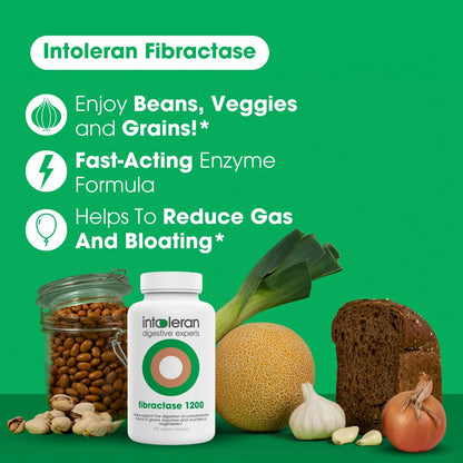 Intoleran Fibractase 1200 Digestive Enzymes - 108 Capsules | Supplement for Fructans & Galactans Intolerance | Helps Digest Carbohydrates; Grains, Legumes - Maple Wellness Supplements