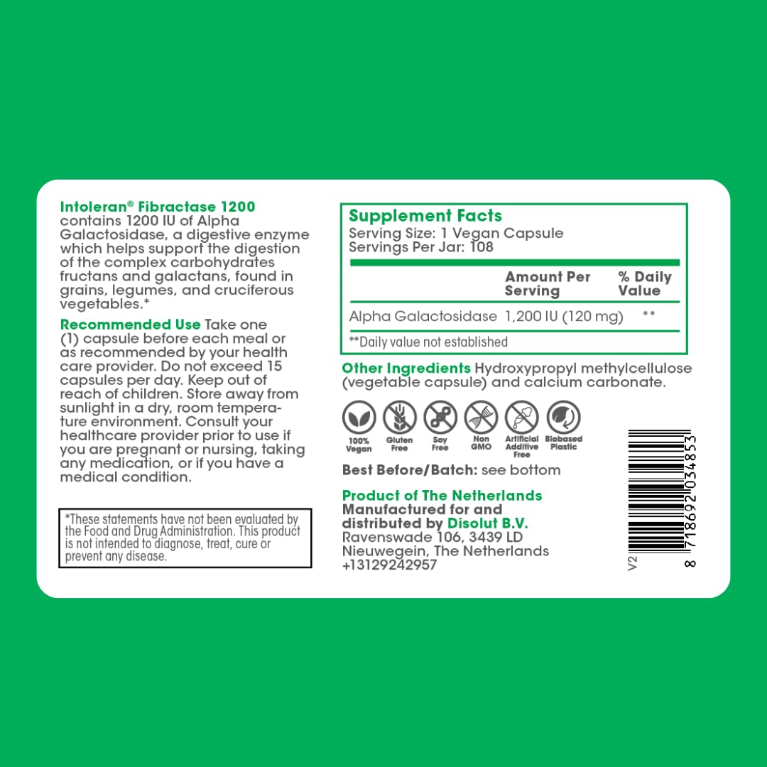 Intoleran Fibractase 1200 Digestive Enzymes - 108 Capsules | Supplement for Fructans & Galactans Intolerance | Helps Digest Carbohydrates; Grains, Legumes - Maple Wellness Supplements