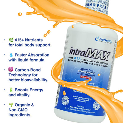 intraMAX Drucker Labs Organic Sugar-Free All-in-One Performance Liquid Multivitamin for Men & Women | Non-GMO, Gluten & Dairy Free | with Magnesium, Zinc, Vitamins D, C & E | 32 oz - Maple Wellness Supplements