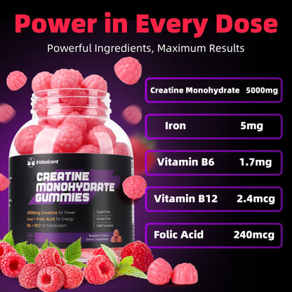 IRIDESICENT Creatine Monohydrate Gummies 5000mg w/Iron, Vitamin B6 & B12, Sugar Free 5g Creatine Supplements for Women and Men Boost Energy & Muscle Recovery - 90 Raspberry Gummies - Maple Wellness Supplements