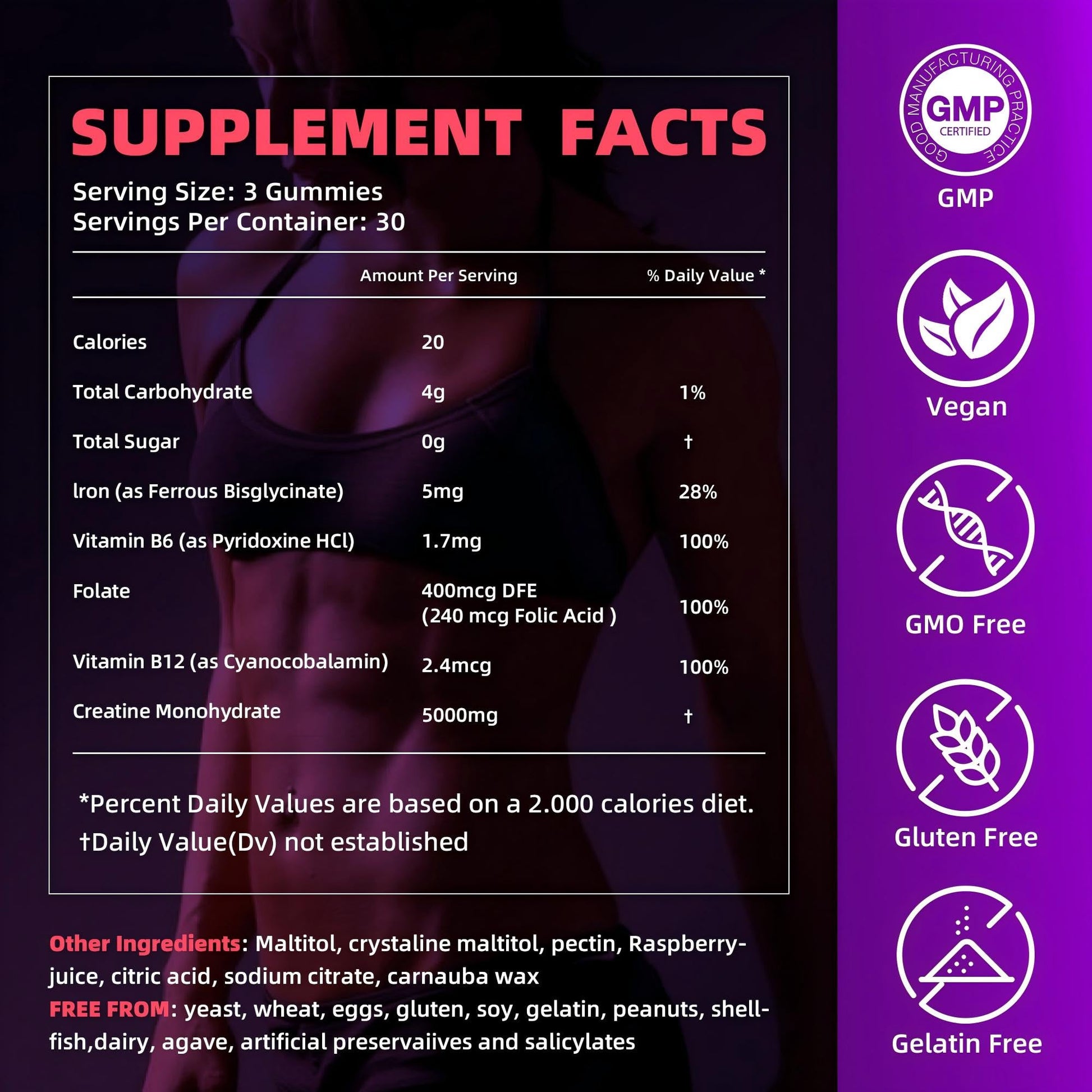IRIDESICENT Creatine Monohydrate Gummies 5000mg w/Iron, Vitamin B6 & B12, Sugar Free 5g Creatine Supplements for Women and Men Boost Energy & Muscle Recovery - 90 Raspberry Gummies - Maple Wellness Supplements
