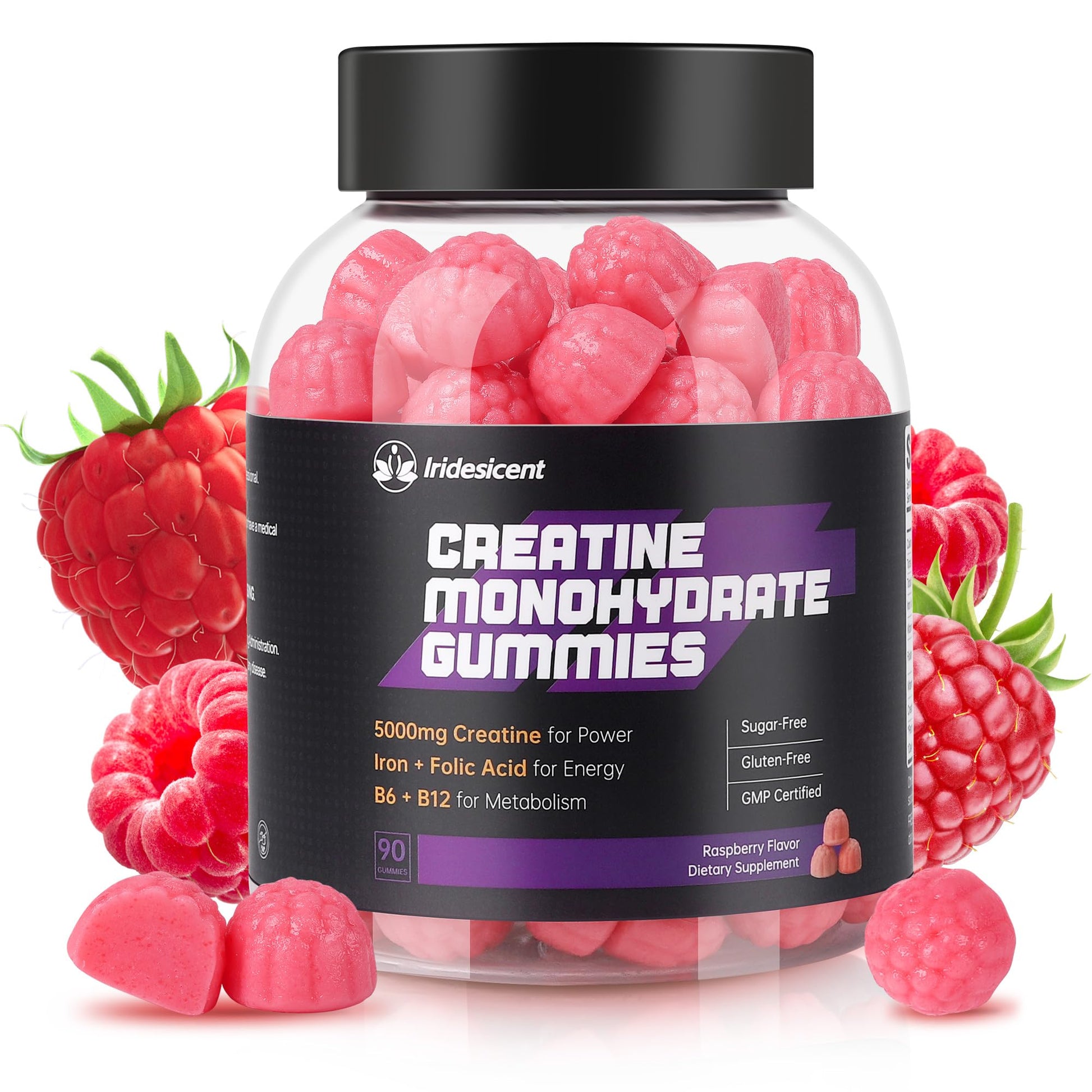 IRIDESICENT Creatine Monohydrate Gummies 5000mg w/Iron, Vitamin B6 & B12, Sugar Free 5g Creatine Supplements for Women and Men Boost Energy & Muscle Recovery - 90 Raspberry Gummies - Maple Wellness Supplements