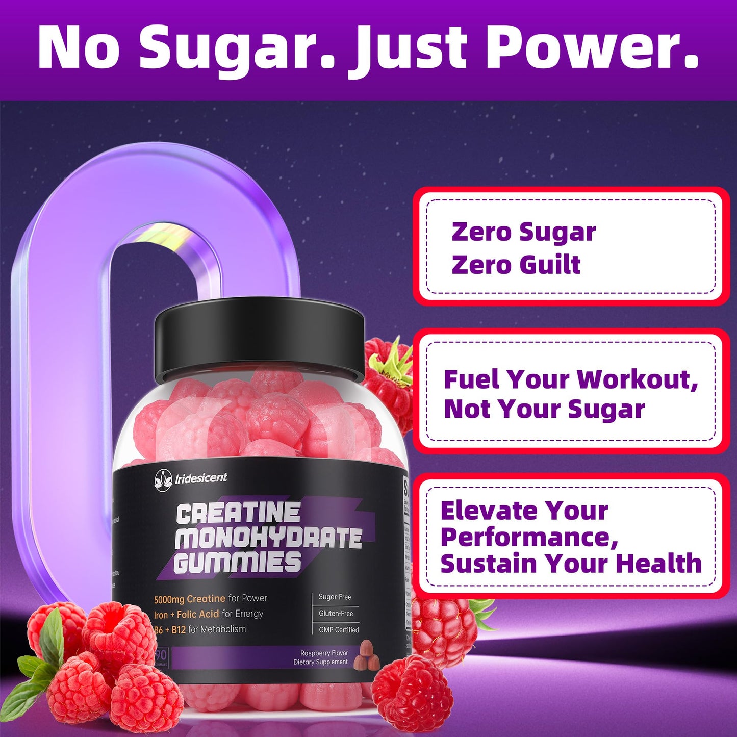 IRIDESICENT Creatine Monohydrate Gummies 5000mg w/Iron, Vitamin B6 & B12, Sugar Free 5g Creatine Supplements for Women and Men Boost Energy & Muscle Recovery - 90 Raspberry Gummies - Maple Wellness Supplements