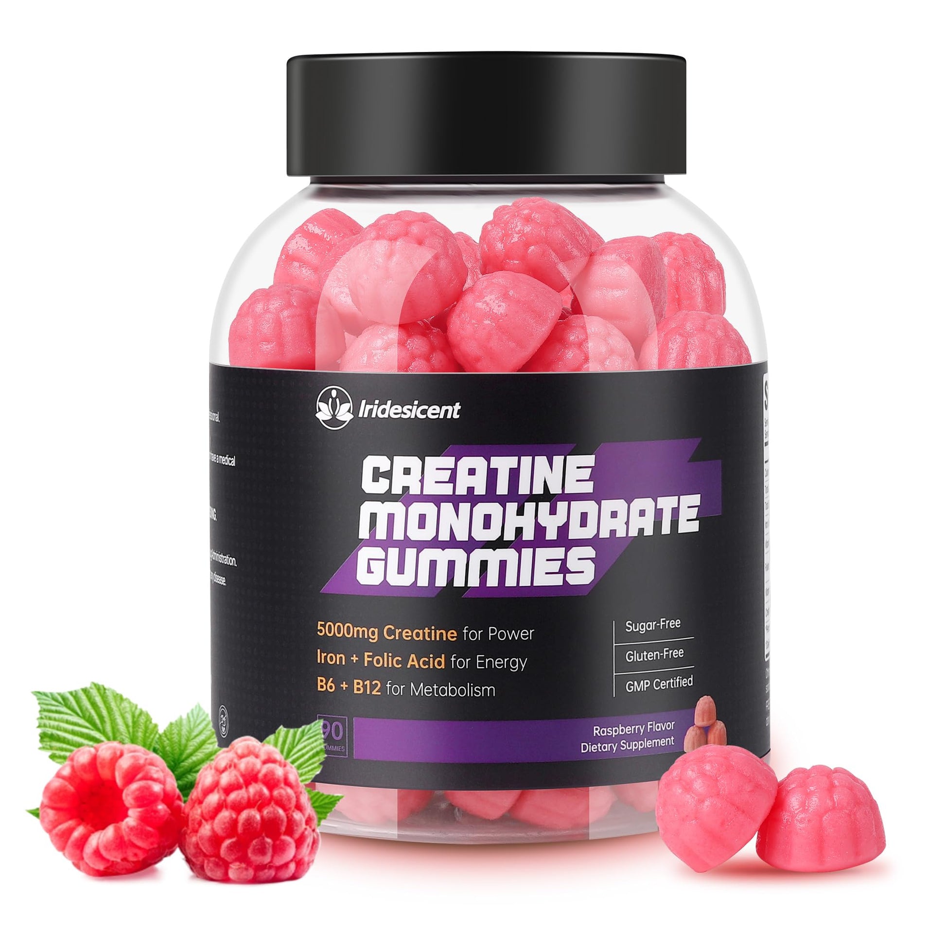 IRIDESICENT Creatine Monohydrate Gummies 5000mg w/Iron, Vitamin B6 & B12, Sugar Free 5g Creatine Supplements for Women and Men Boost Energy & Muscle Recovery - 90 Raspberry Gummies - Maple Wellness Supplements