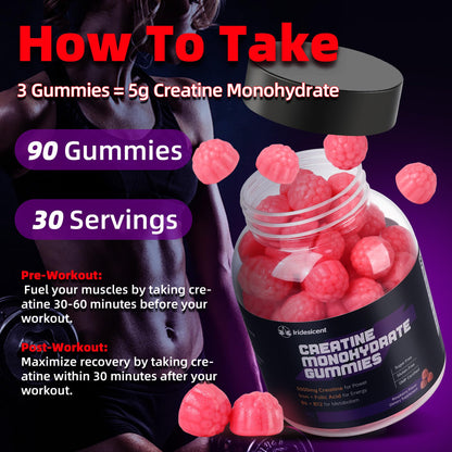 IRIDESICENT Creatine Monohydrate Gummies 5000mg w/Iron, Vitamin B6 & B12, Sugar Free 5g Creatine Supplements for Women and Men Boost Energy & Muscle Recovery - 90 Raspberry Gummies - Maple Wellness Supplements