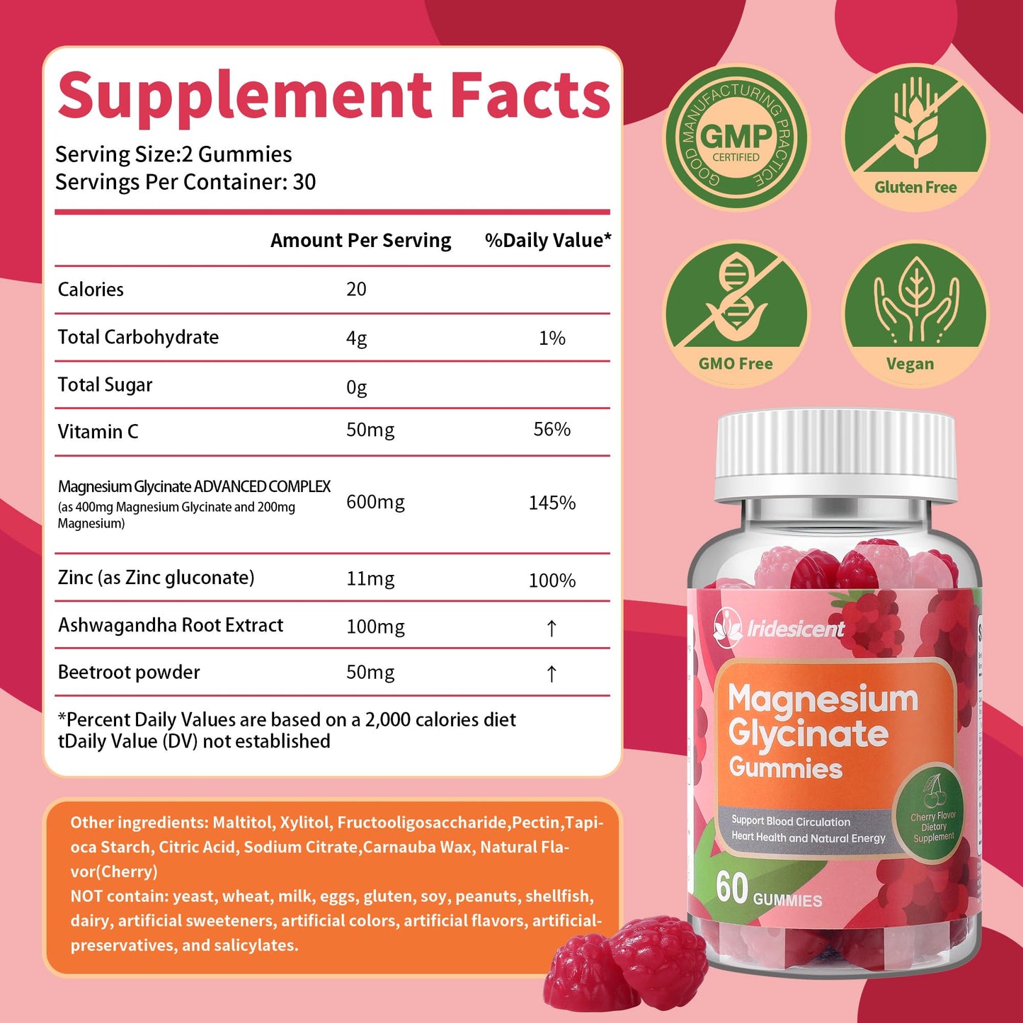 IRIDESICENT Magnesium Glycinate Gummies 400mg, Sugar Free Magnesium Supplement w/Ashwagandha, Zinc, Vegan Magnesium Glycinate Supplement for Adults - 120 Cherry Gummies - Maple Wellness Supplements