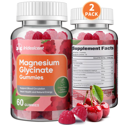 IRIDESICENT Magnesium Glycinate Gummies 400mg, Sugar Free Magnesium Supplement w/Ashwagandha, Zinc, Vegan Magnesium Glycinate Supplement for Adults - 120 Cherry Gummies - Maple Wellness Supplements
