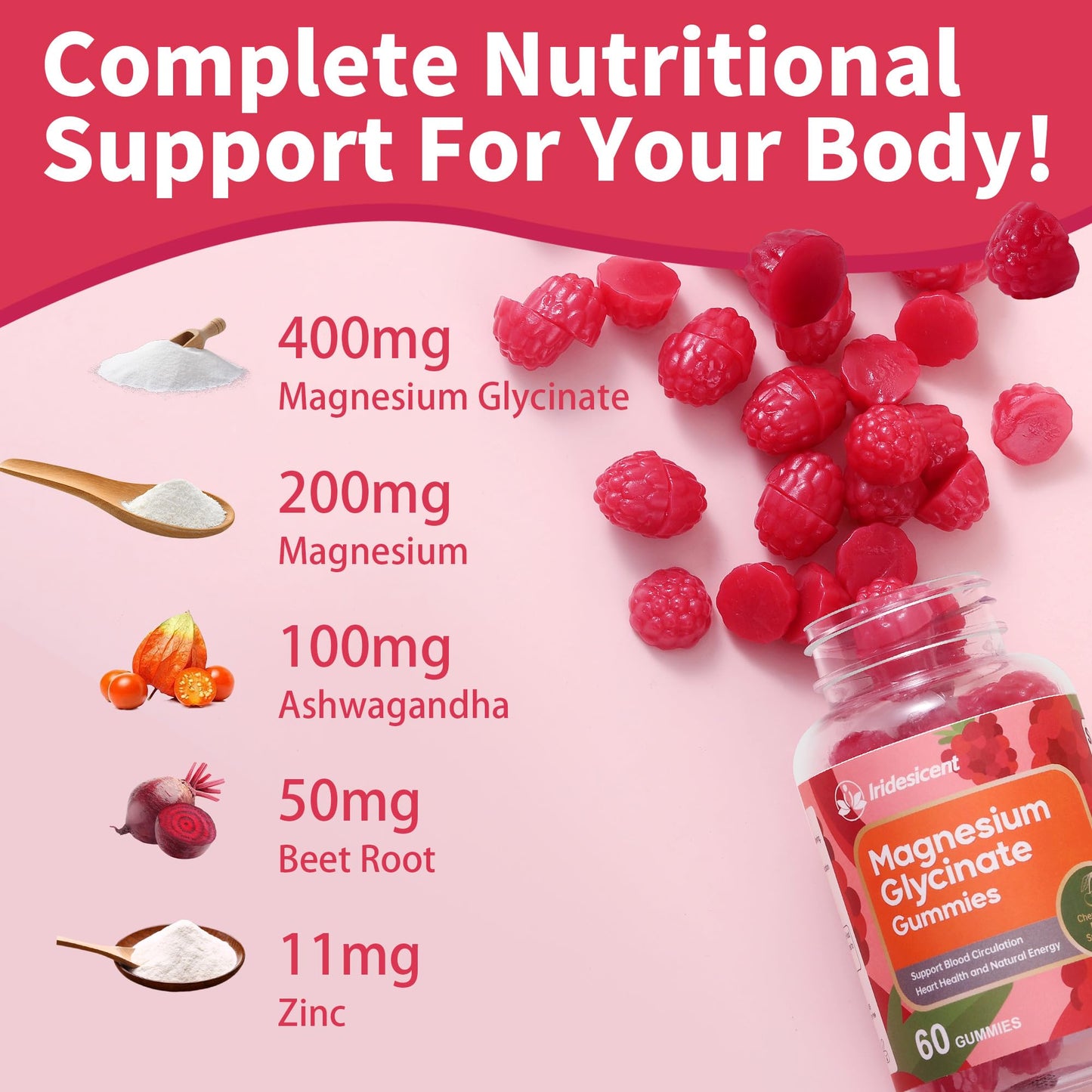 IRIDESICENT Magnesium Glycinate Gummies 400mg, Sugar Free Magnesium Supplement w/Ashwagandha, Zinc, Vegan Magnesium Glycinate Supplement for Adults - 120 Cherry Gummies - Maple Wellness Supplements