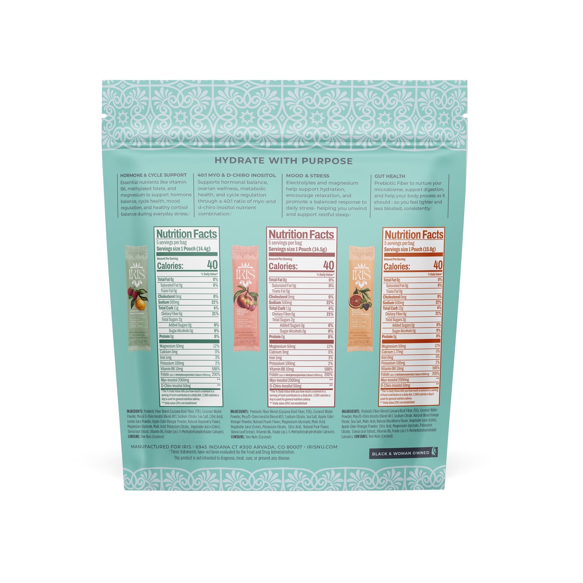Iris Women’s Hormonal Health Daily Electrolyte Drink Mix | High Fiber, Essential B Vitamins for Mood Support | 40:1 Myo & D‑Chiro Inositol | Variety Pack, - Maple Wellness Supplements