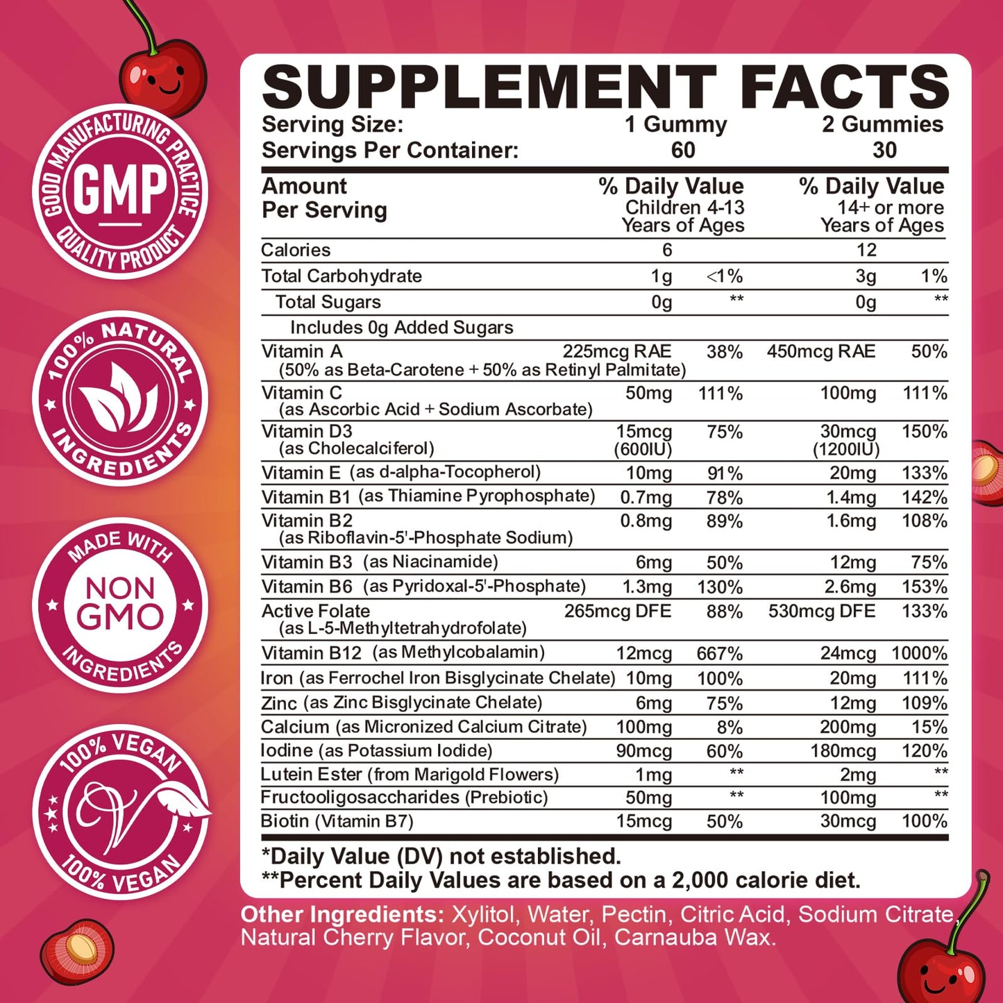 Iron Gummies for Kids & Teens, Kids Multivitamin with Iron Supplement, Calcium, Folate, Zinc, Prebiotic - for Blood Builder & Energy Support, Iron Deficiency - Vegan & Non-GMO - 60 Count Cherry - Maple Wellness Supplements
