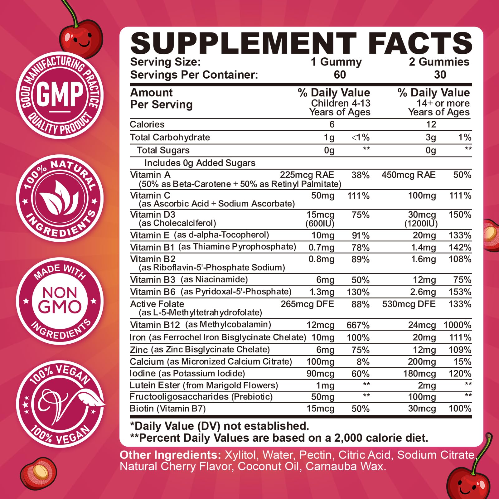 Iron Gummies for Kids & Teens, Kids Multivitamin with Iron Supplement, Calcium, Folate, Zinc, Prebiotic - for Blood Builder & Energy Support, Iron Deficiency - Vegan & Non-GMO - 60 Count Cherry - Maple Wellness Supplements