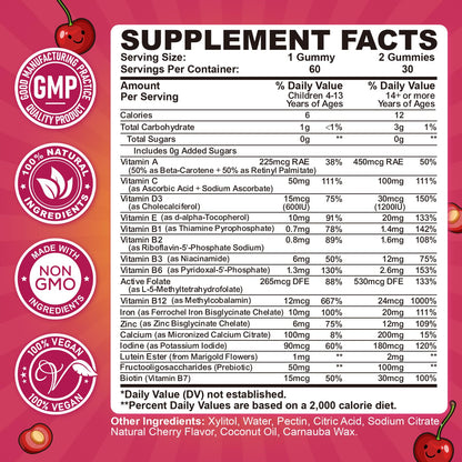 Iron Gummies for Kids & Teens, Kids Multivitamin with Iron Supplement, Calcium, Folate, Zinc, Prebiotic - for Blood Builder & Energy Support, Iron Deficiency - Vegan & Non-GMO - 60 Count Cherry - Maple Wellness Supplements