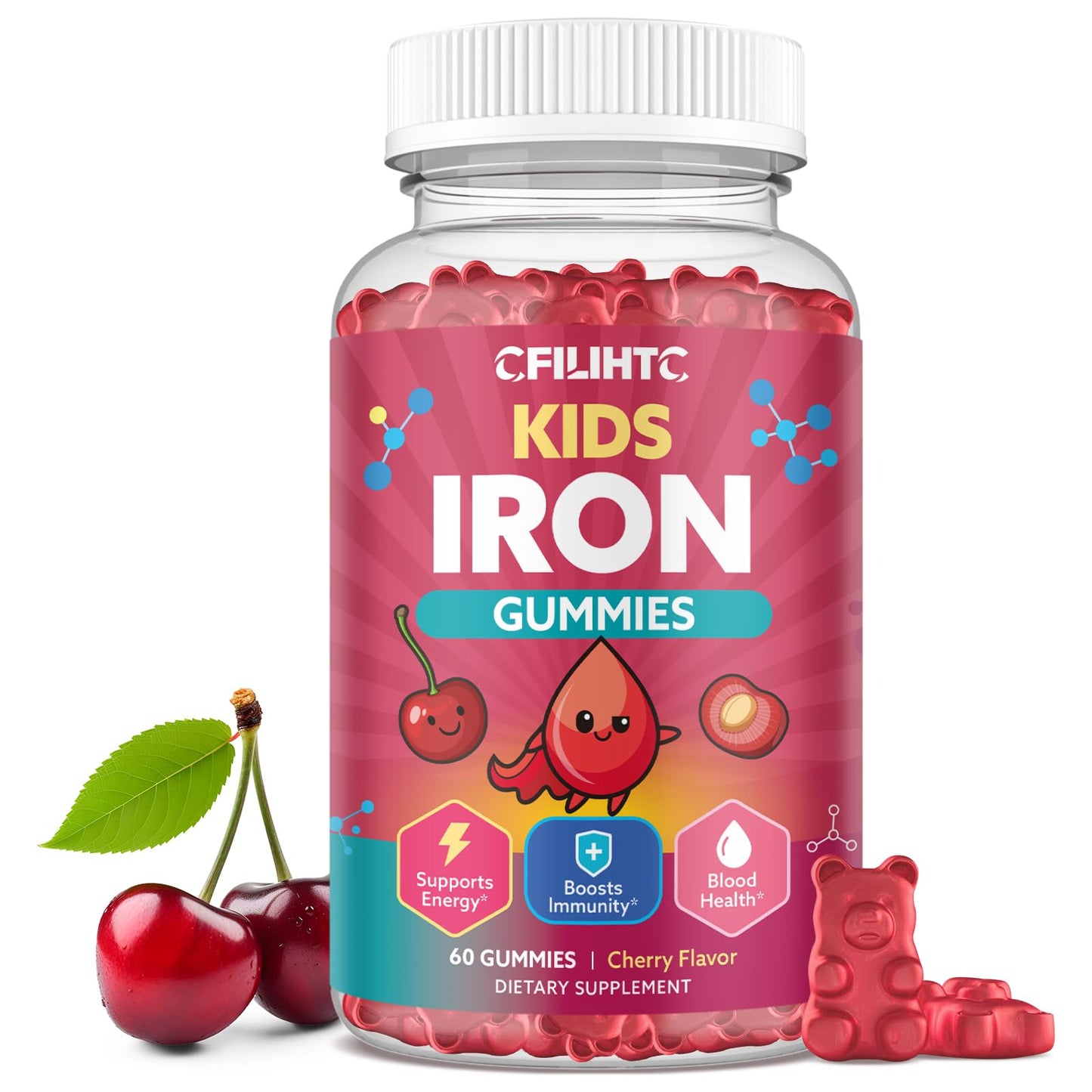 Iron Gummies for Kids & Teens, Kids Multivitamin with Iron Supplement, Calcium, Folate, Zinc, Prebiotic - for Blood Builder & Energy Support, Iron Deficiency - Vegan & Non-GMO - 60 Count Cherry - Maple Wellness Supplements