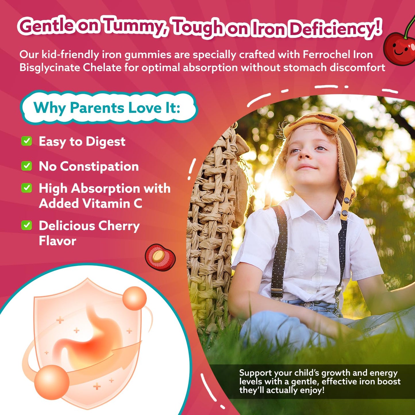 Iron Gummies for Kids & Teens, Kids Multivitamin with Iron Supplement, Calcium, Folate, Zinc, Prebiotic - for Blood Builder & Energy Support, Iron Deficiency - Vegan & Non-GMO - 60 Count Cherry - Maple Wellness Supplements