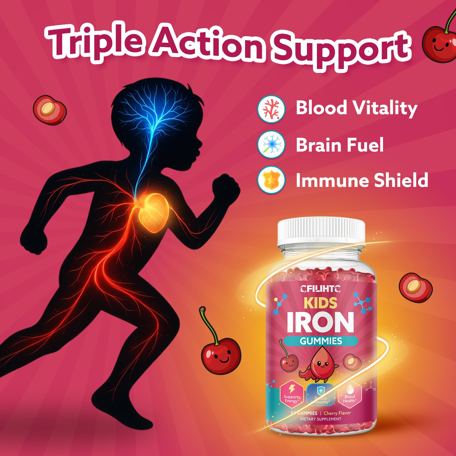 Iron Gummies for Kids & Teens, Kids Multivitamin with Iron Supplement, Calcium, Folate, Zinc, Prebiotic - for Blood Builder & Energy Support, Iron Deficiency - Vegan & Non-GMO - 60 Count Cherry - Maple Wellness Supplements