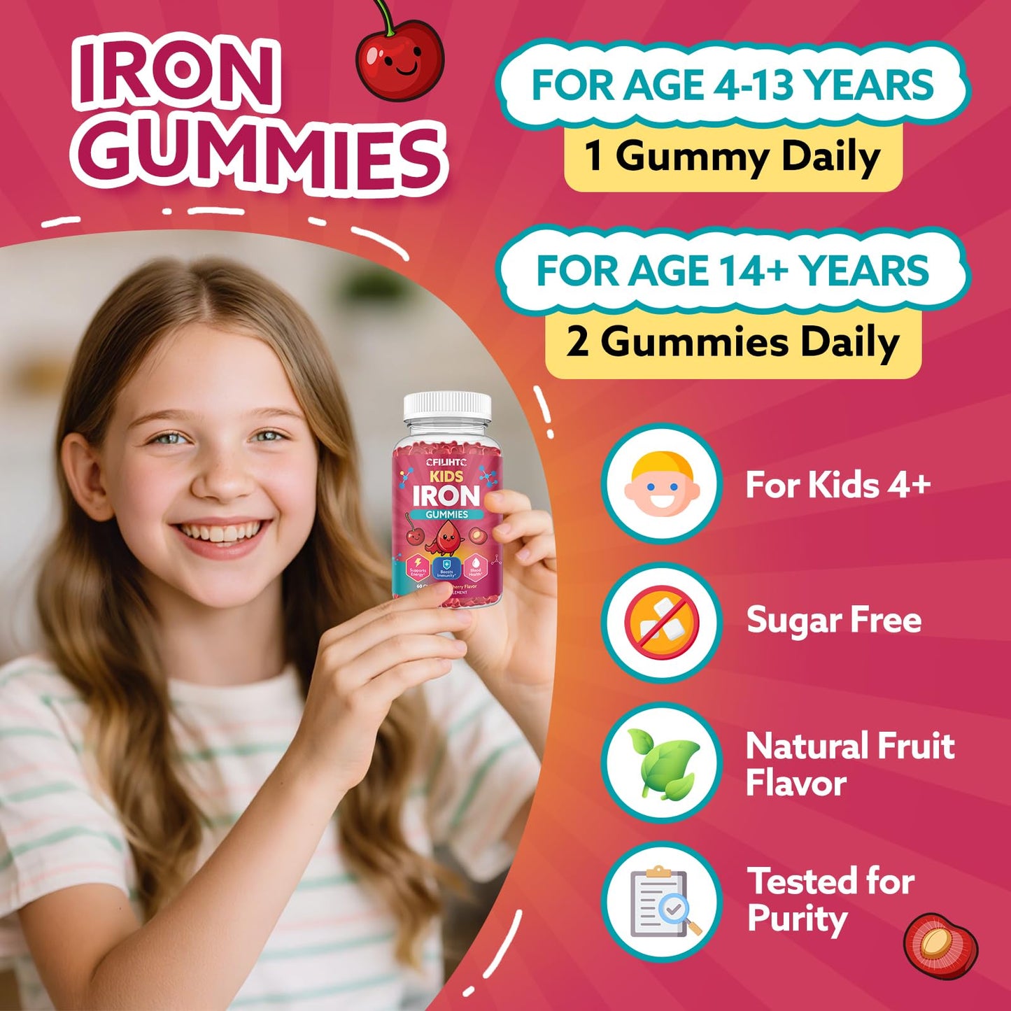 Iron Gummies for Kids & Teens, Kids Multivitamin with Iron Supplement, Calcium, Folate, Zinc, Prebiotic - for Blood Builder & Energy Support, Iron Deficiency - Vegan & Non-GMO - 60 Count Cherry - Maple Wellness Supplements