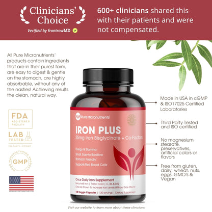 Iron Supplement for Women - Gentle Chelate Iron Bisglycinate 25mg with Vitamin C, B6, B12 Folic Acid – Supports Iron Deficiency - Maple Wellness Supplements