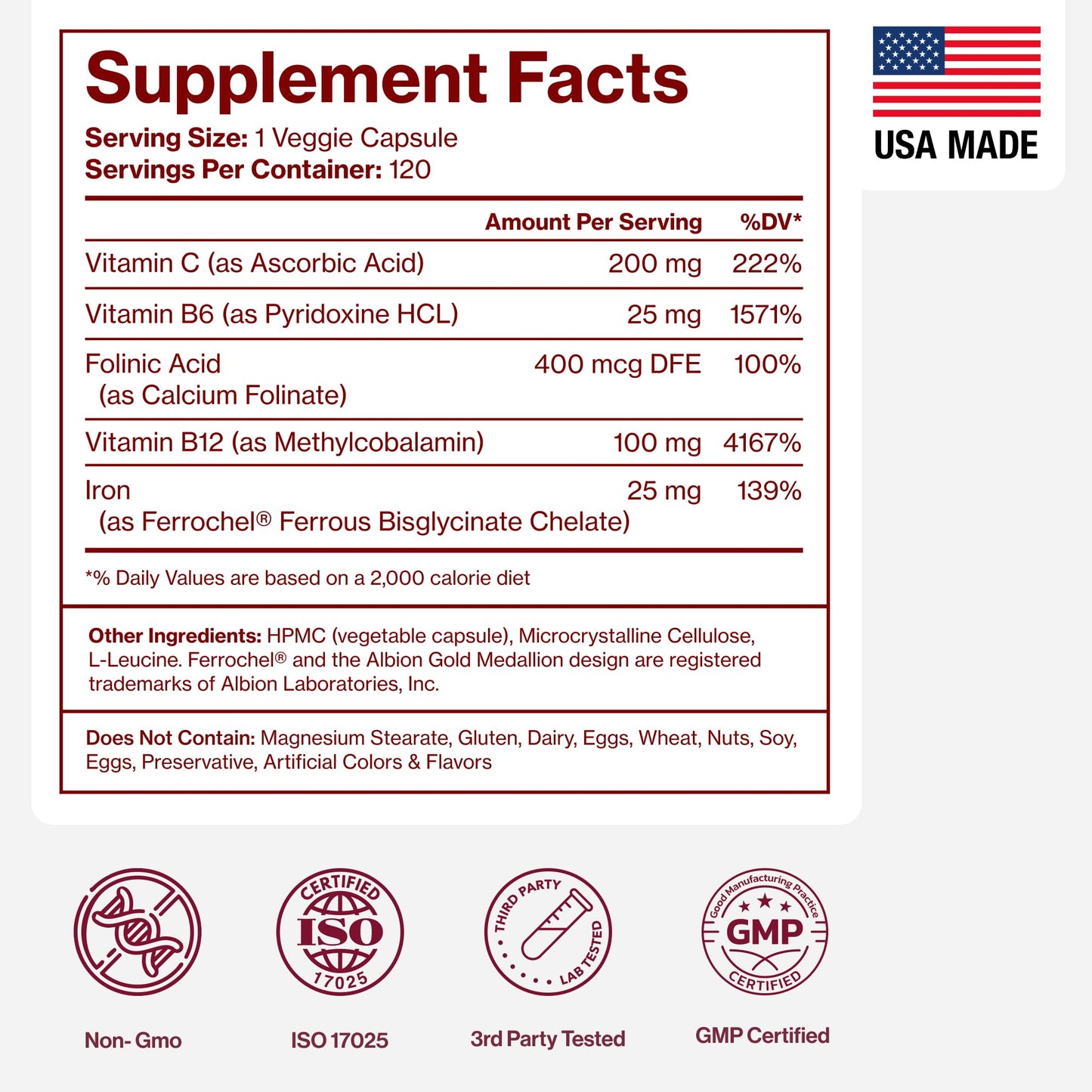 Iron Supplement for Women - Gentle Chelate Iron Bisglycinate 25mg with Vitamin C, B6, B12 Folic Acid – Supports Iron Deficiency - Maple Wellness Supplements