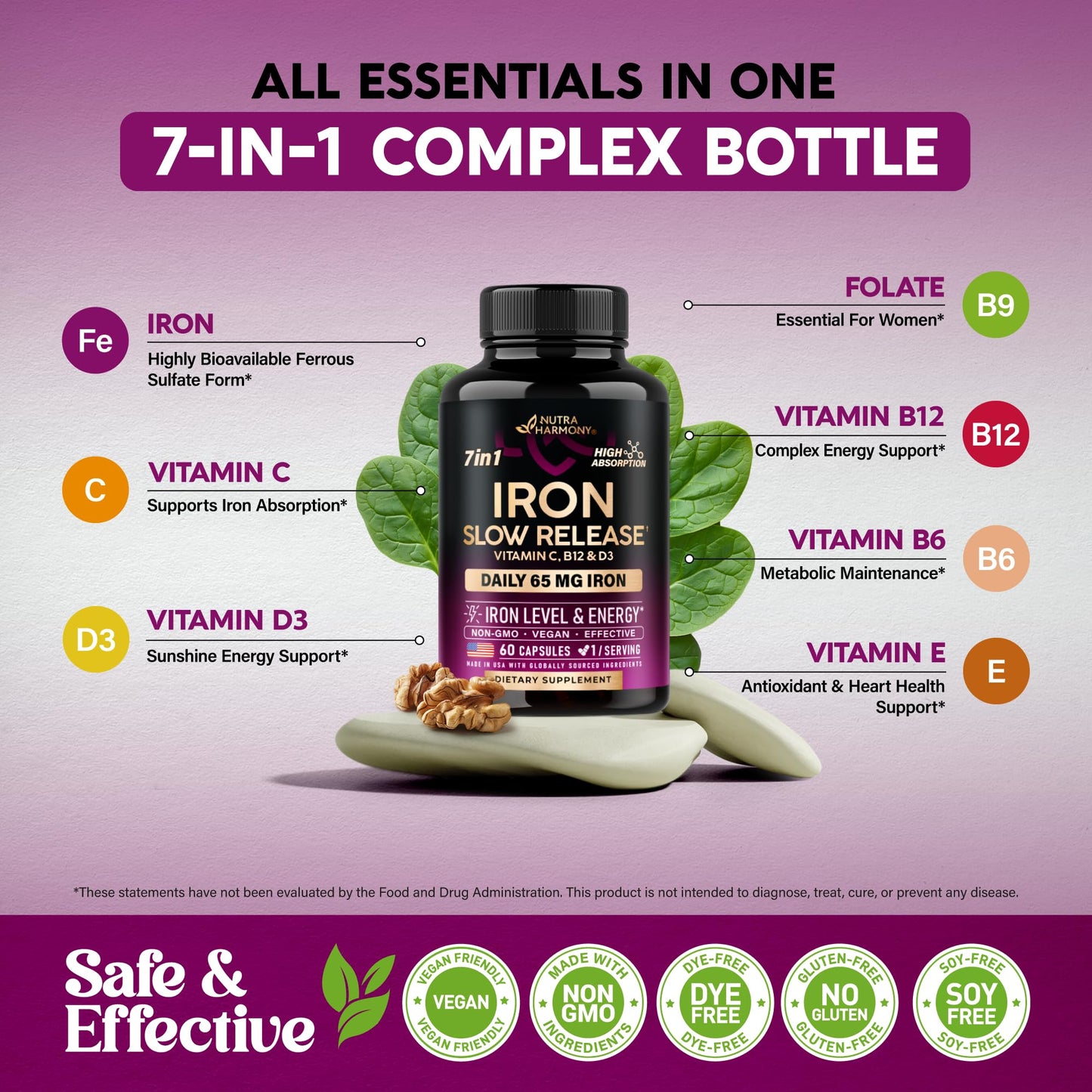 Iron Supplement for Women - Iron 65mg (Ferrous Sulfate 325mg) - Stomach Friendly | Slow Release Iron | High Absorption - Vitamins C, D3, B6, B12 & Folate - Maple Wellness Supplements