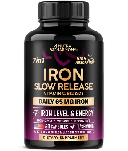 Iron Supplement for Women - Iron 65mg (Ferrous Sulfate 325mg) - Stomach Friendly | Slow Release Iron | High Absorption - Vitamins C, D3, B6, B12 & Folate - Maple Wellness Supplements