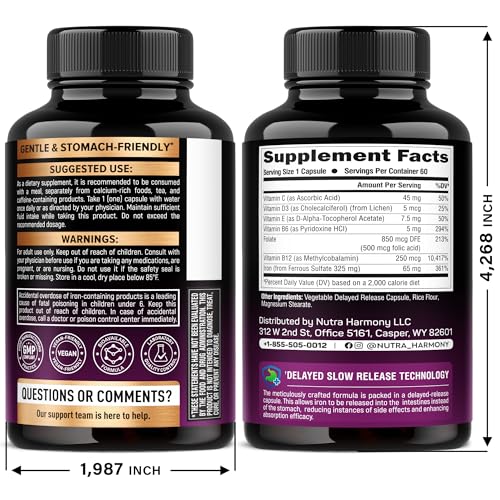 Iron Supplement for Women - Iron 65mg (Ferrous Sulfate 325mg) - Stomach Friendly | Slow Release Iron | High Absorption - Vitamins C, D3, B6, B12 & Folate - Maple Wellness Supplements